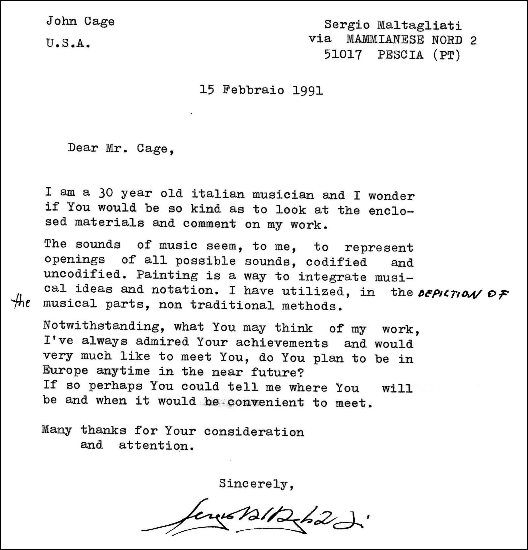 Lettera di Sergio Maltagliati a John Cage, 15 febbraio 1991